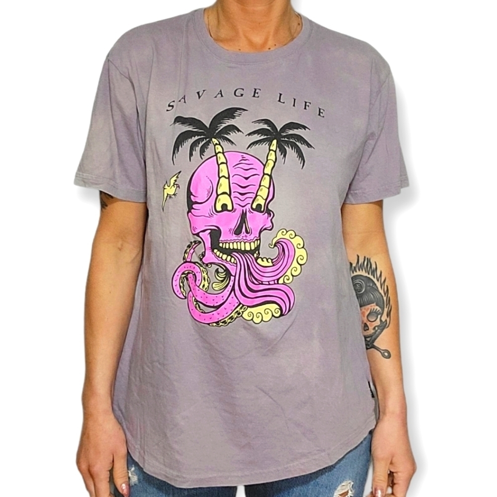 Dikotomy DK Savage Life Cotton Print Short SleeveShirt Size X Large Purple Grey